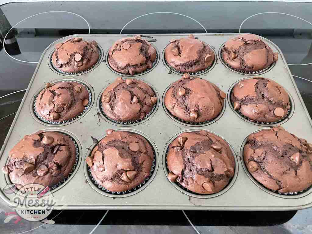 Baked chocolate muffins cooling in a muffin pan.