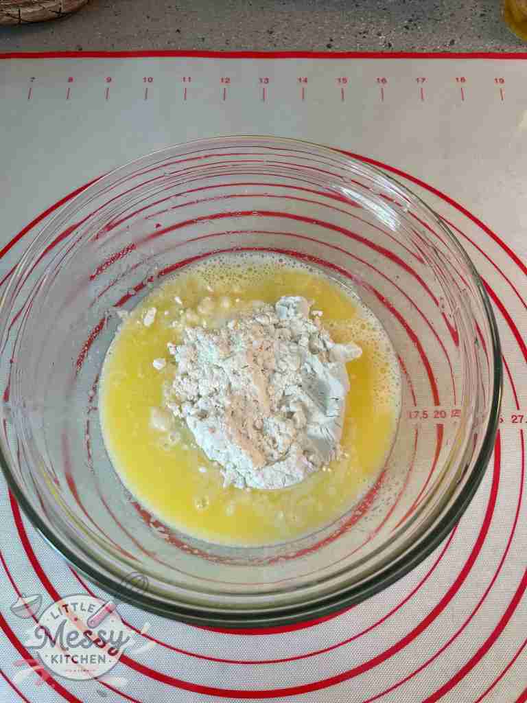 Flour added to the butter mixture.