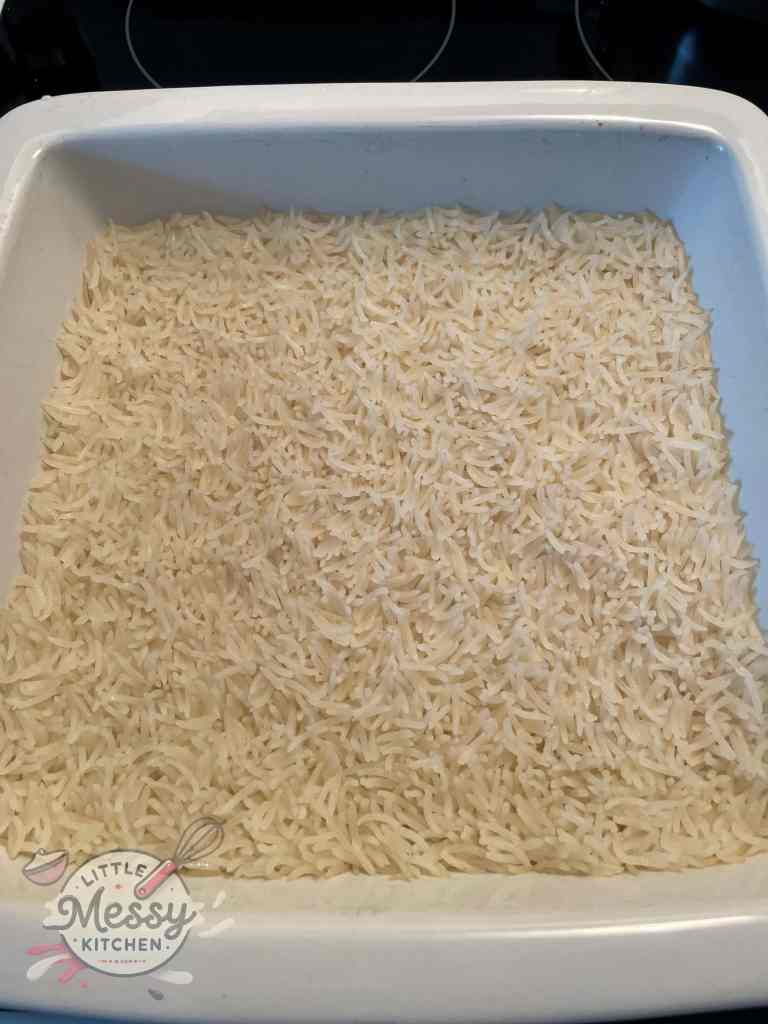 Cooked Rice in a baking dish.