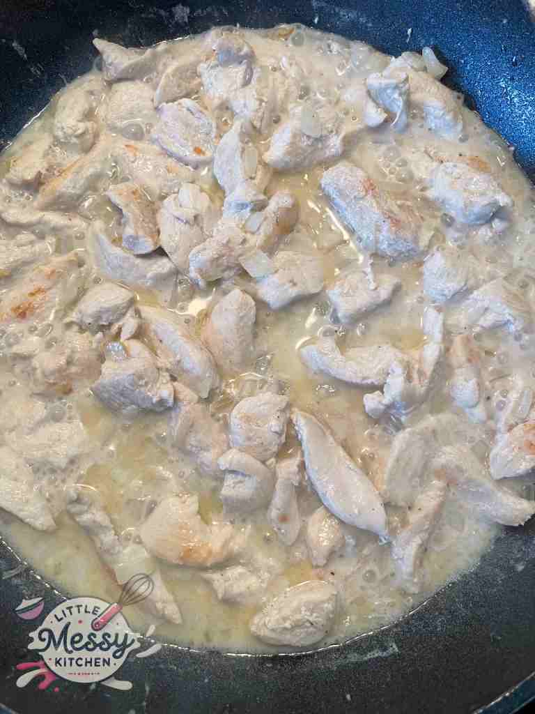 Sauce added to the frying pan.