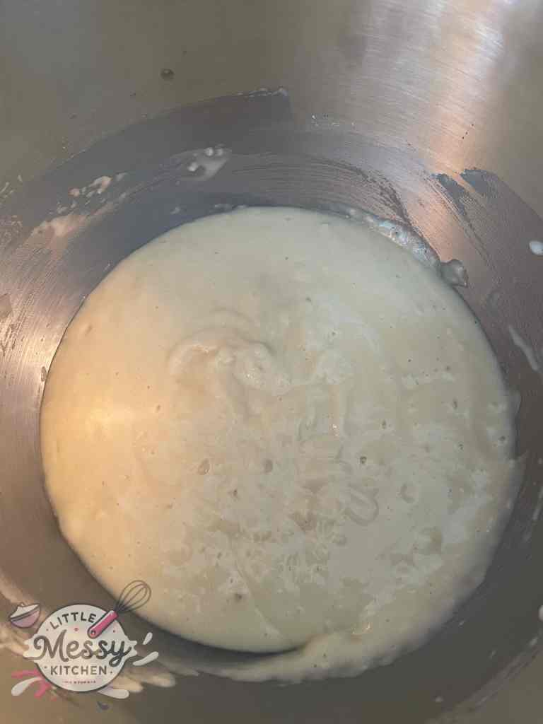 Flour mix added to and combined with wet ingredients.