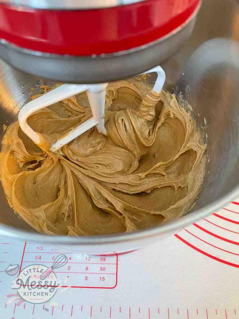 Butter, peanut butter, brown sugar, egg and vanilla combined in a stand mixer.