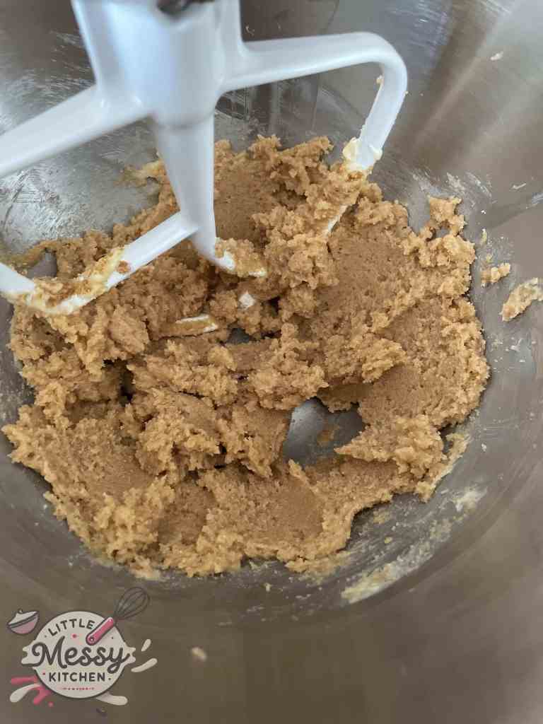 Butter, sugar and brown sugar combined in a stand mixer.