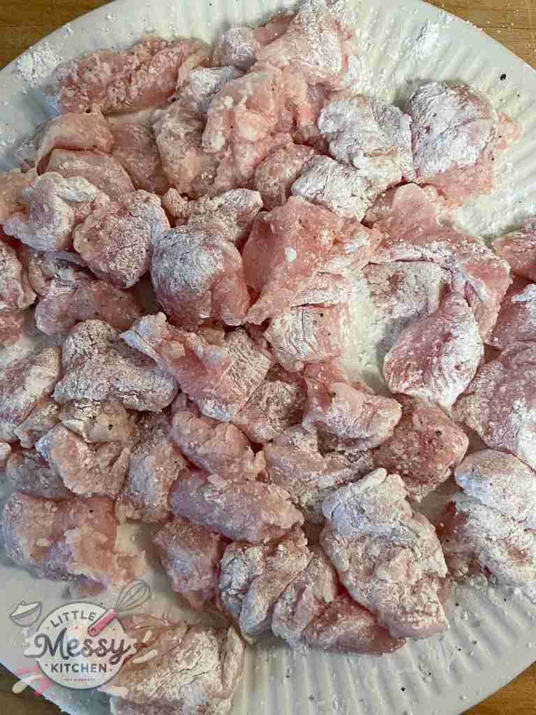 Chicken cubed seasoned with salt, pepper and cornstarch.