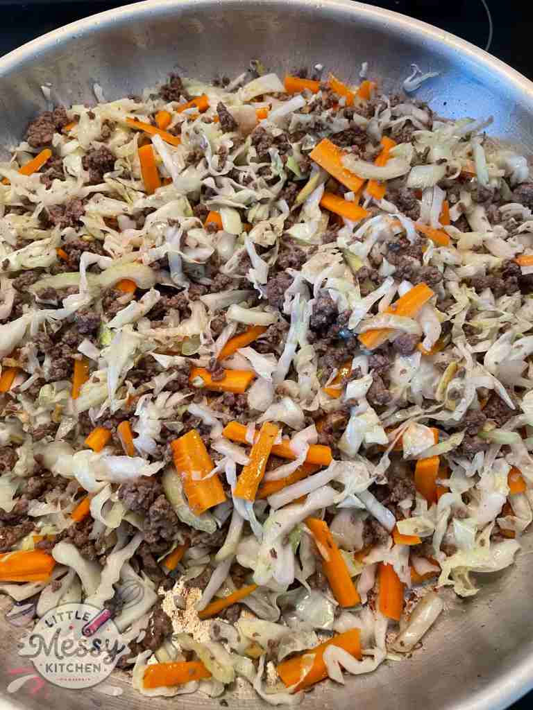 Cabbage, carrots and celery added to the ground beef in frying pan.