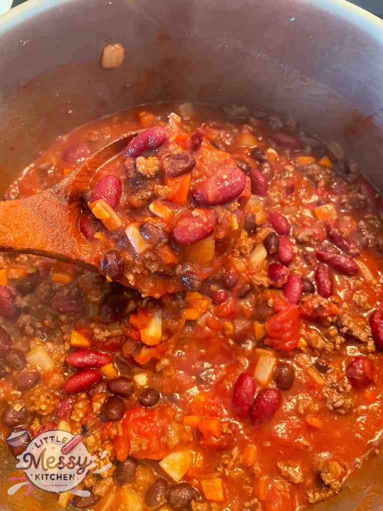 ground beef added to the pot.