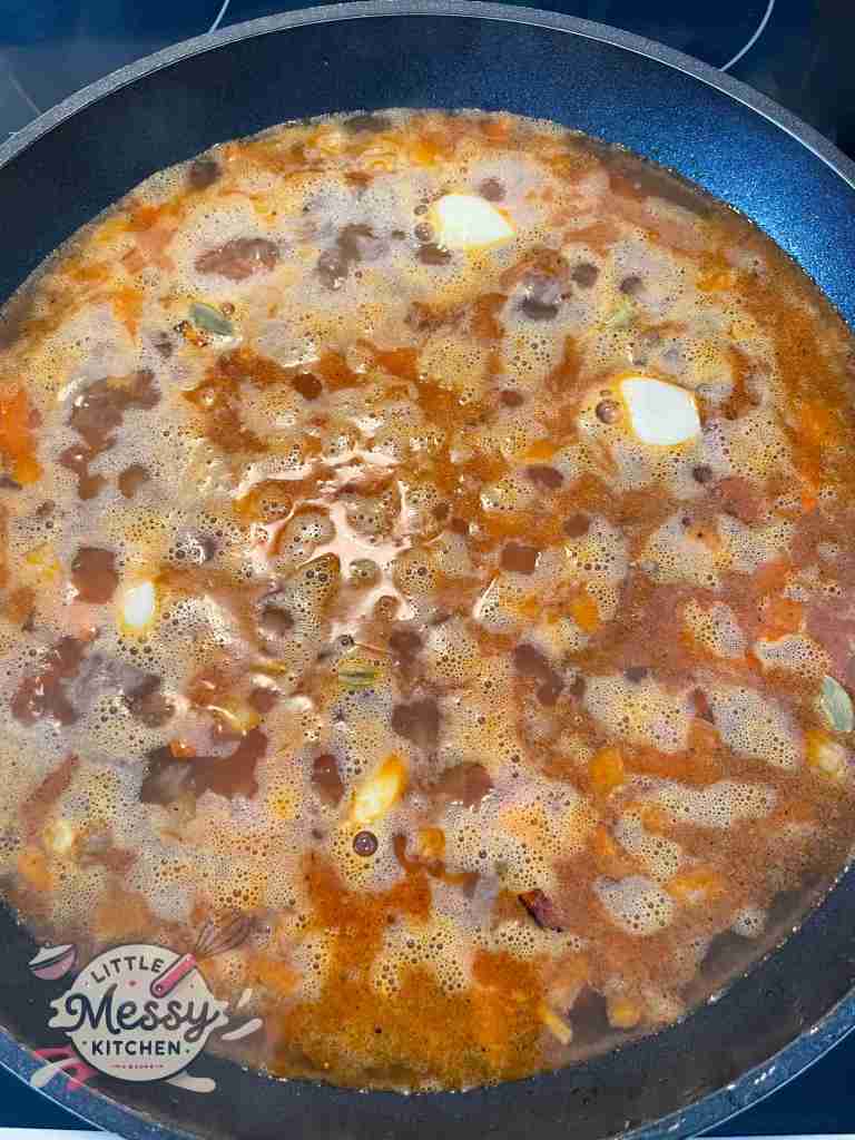 Water added to the skillet.