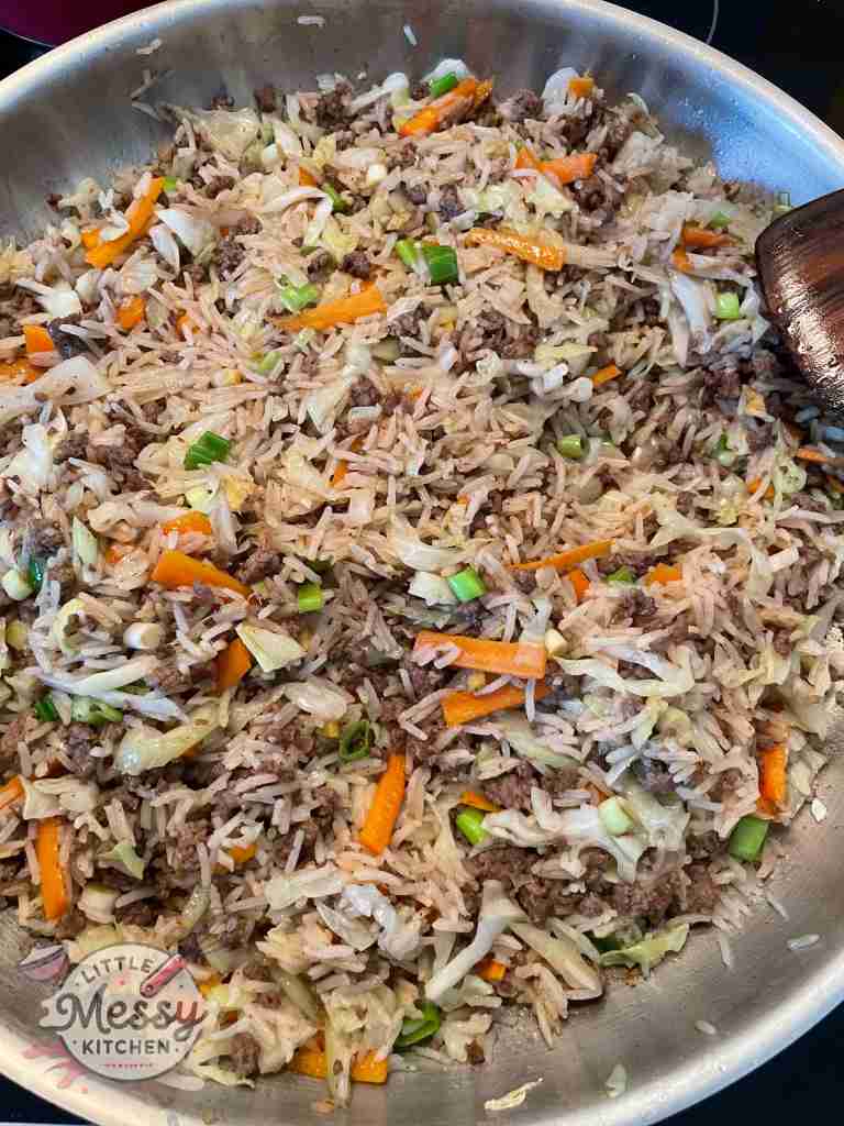 Ingredients all mixed in frying pan.