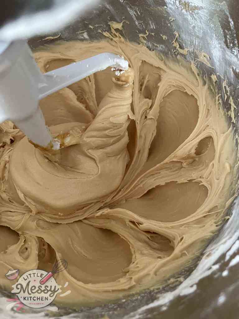 Cream cheese frosting whipped in a stand mixer.