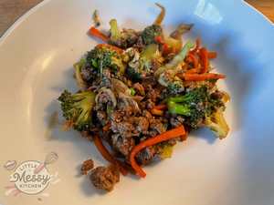 Serving of Ground beef stir fry in a white bowl.