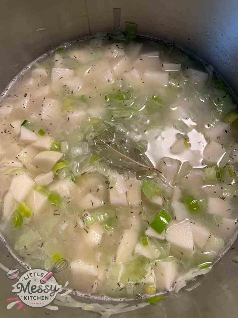 Leeks, Potatoes, spices and chicken broth in a stockpot.