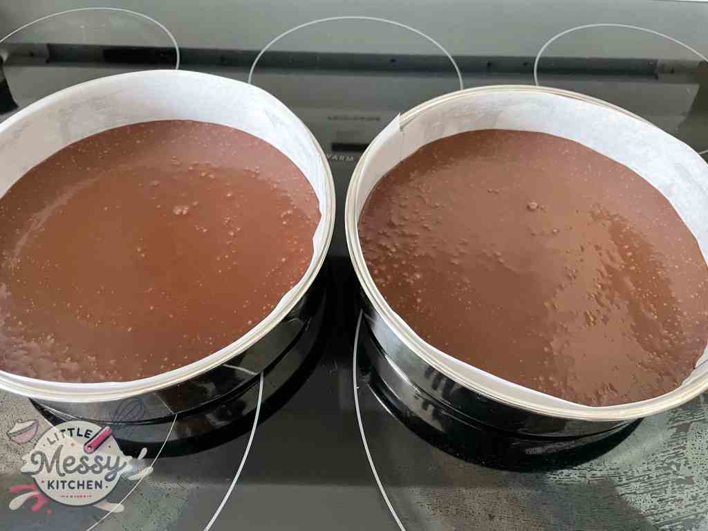Cake batter in round cake pans.