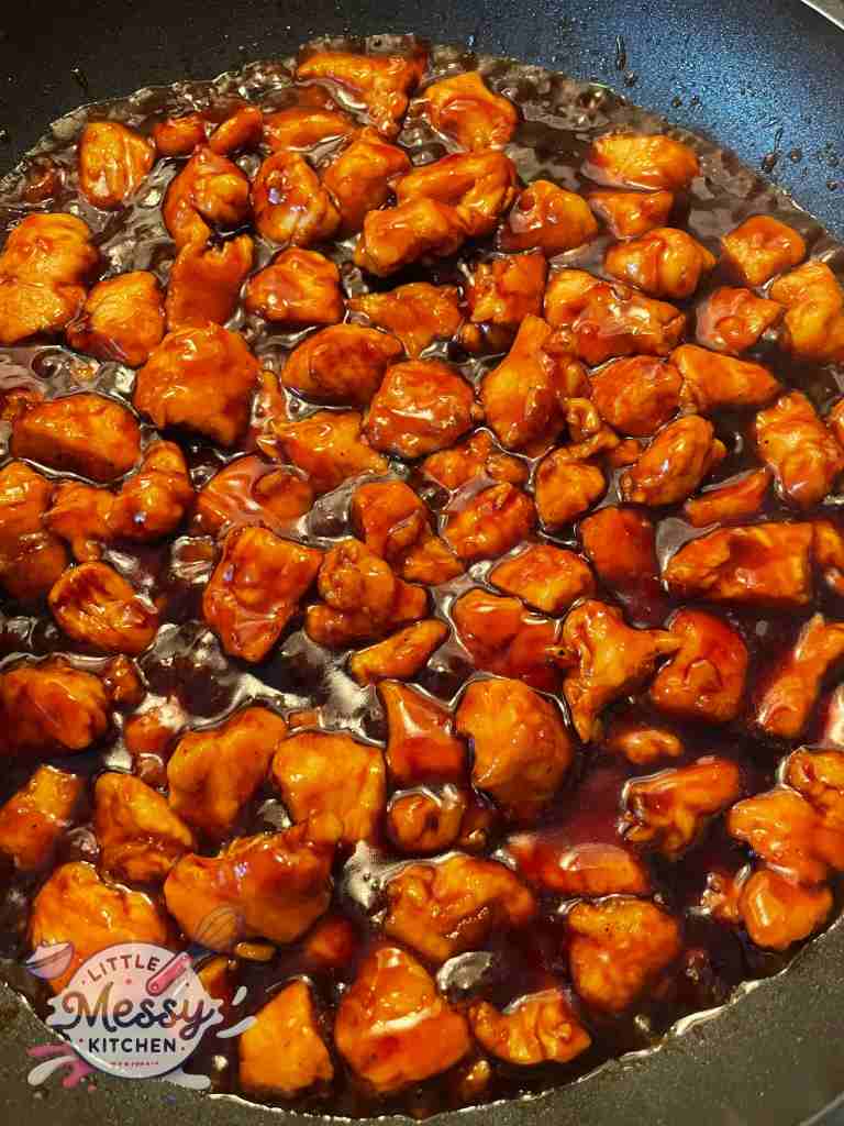 Thicken sauce poured over the chicken in skillet.