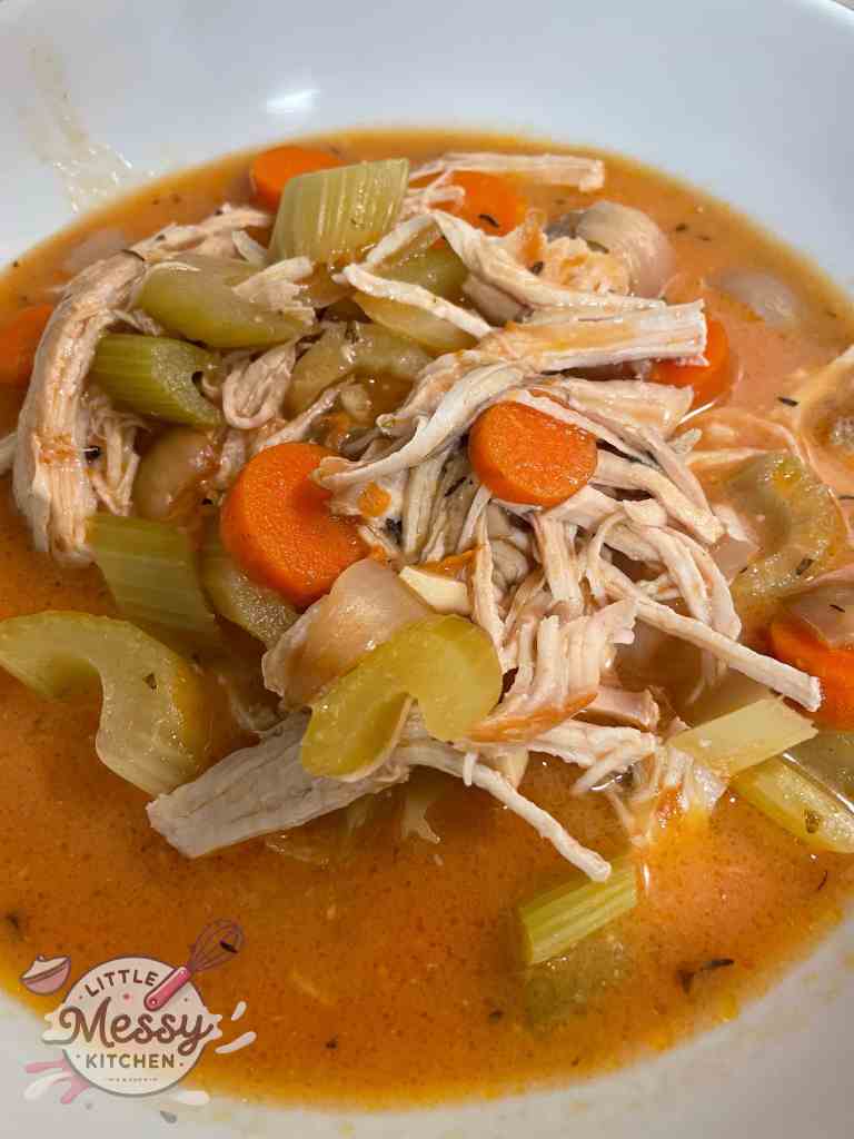 Serving of chicken and dumplings in a bowl.