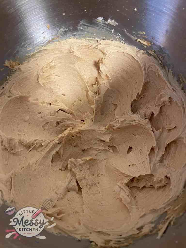 Peanut butter mixture in a mixing bowl.