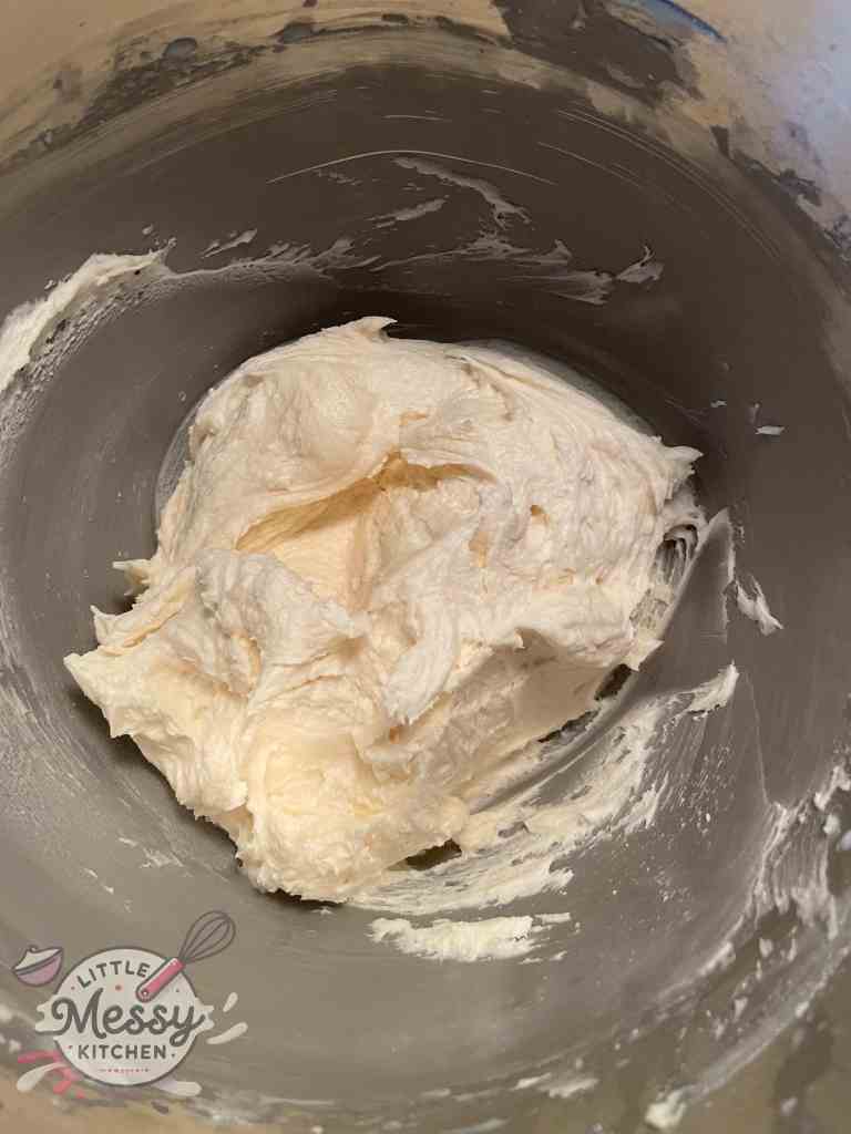 Vanilla buttercream in a mixing bowl.