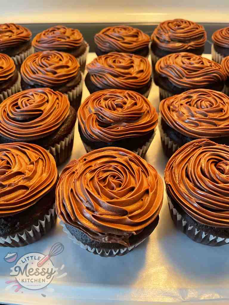 Serving of double chocolate cupcakes.