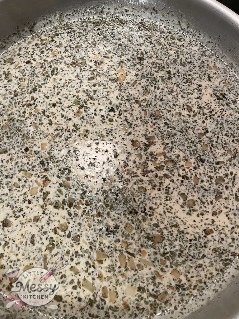 Sauce ingredients added to the skillet.