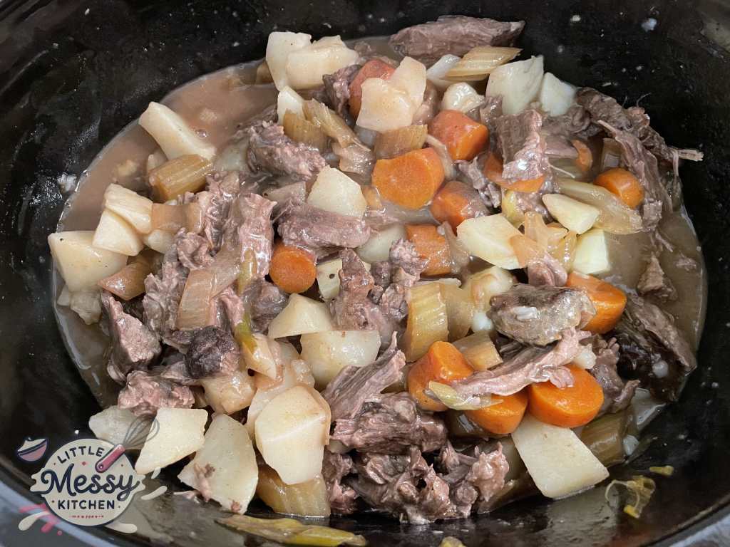 Pot roast in a slow cooker.