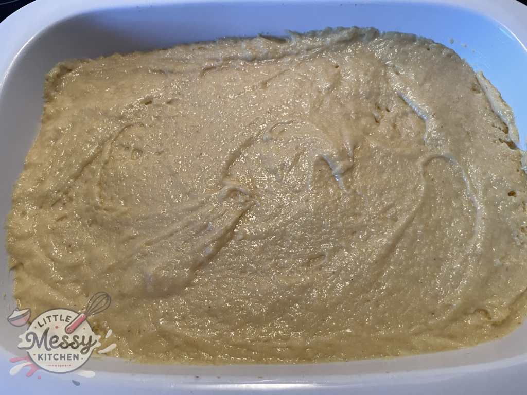 Batter poured into 9x13 baking dish.