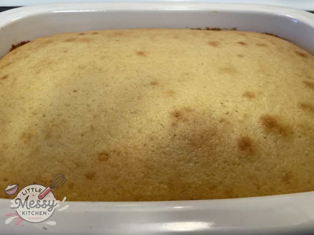Baked cornbread in baking dish.