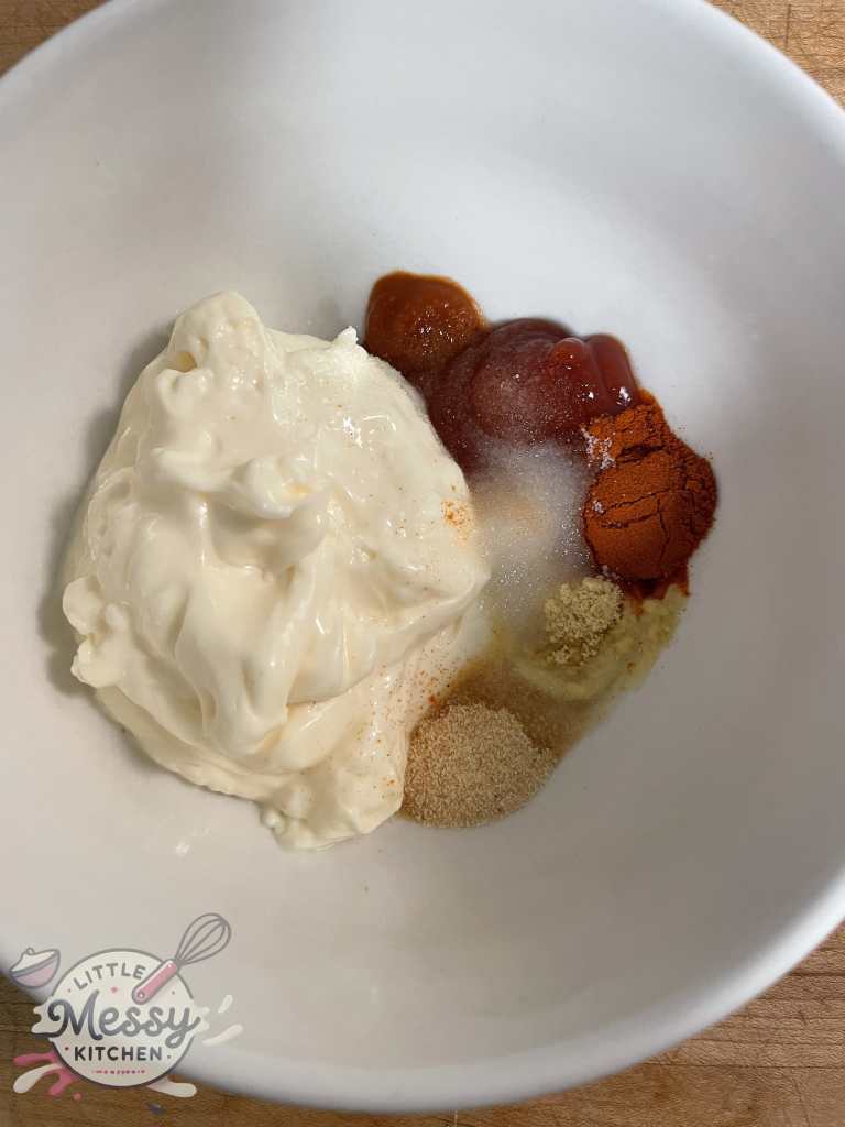 mayo, ketchup, lemon juice, Tabasco, paprika, garlic powder, ground mustard, and salt in mixing bowl.