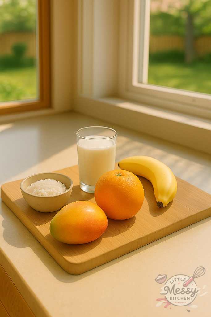 Banana, mango, orange, coconut mil and shredded coconut on a cutting board.
