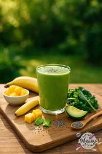 A vibrant green smoothie in a clear glass sits on a wooden table outdoors, surrounded by fresh ingredients including mango chunks, banana, avocado, leafy greens, and chia seeds, all bathed in soft morning sunlight with a garden in the background.