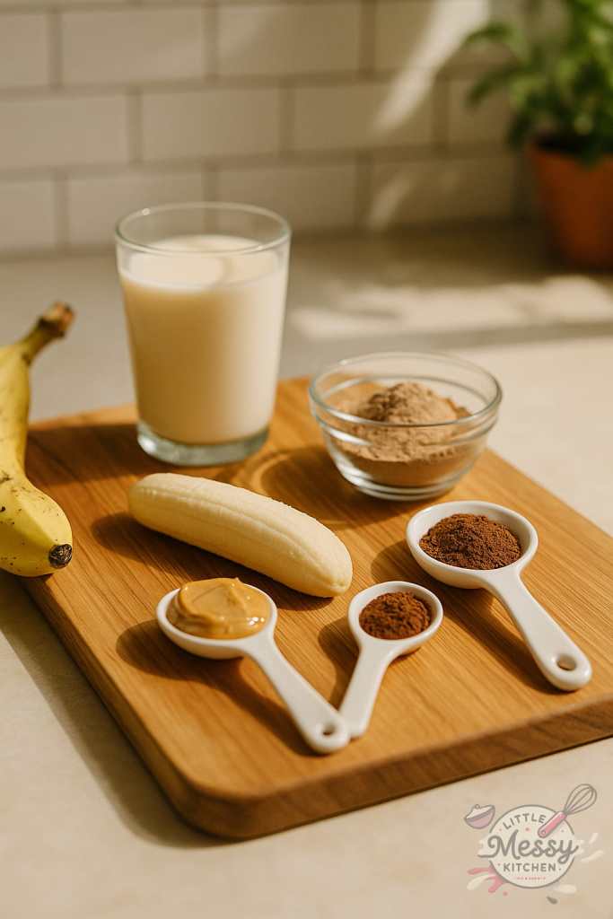 Smoothie ingredients neatly arranged on an oak cutting board in a sunlit kitchen: a peeled banana, a small dish of peanut butter, a bowl of cocoa powder and protein powder, and a glass of oat milk, with soft shadows and a white tile backsplash.