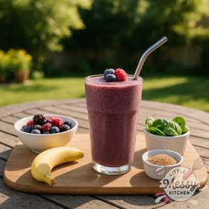 A vibrant berry smoothie sits on a rustic wooden table in a sunlit backyard, surrounded by fresh ingredients like frozen berries, banana, spinach, and flaxseed, with soft greenery in the background.