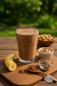  A creamy chocolate peanut butter smoothie in a clear glass sits on a rustic wooden table outdoors, surrounded by ingredients including banana, cocoa powder, peanut butter, and protein powder, with soft natural light and a garden background.